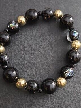 Black and Gold Beaded Stretch Bracelet